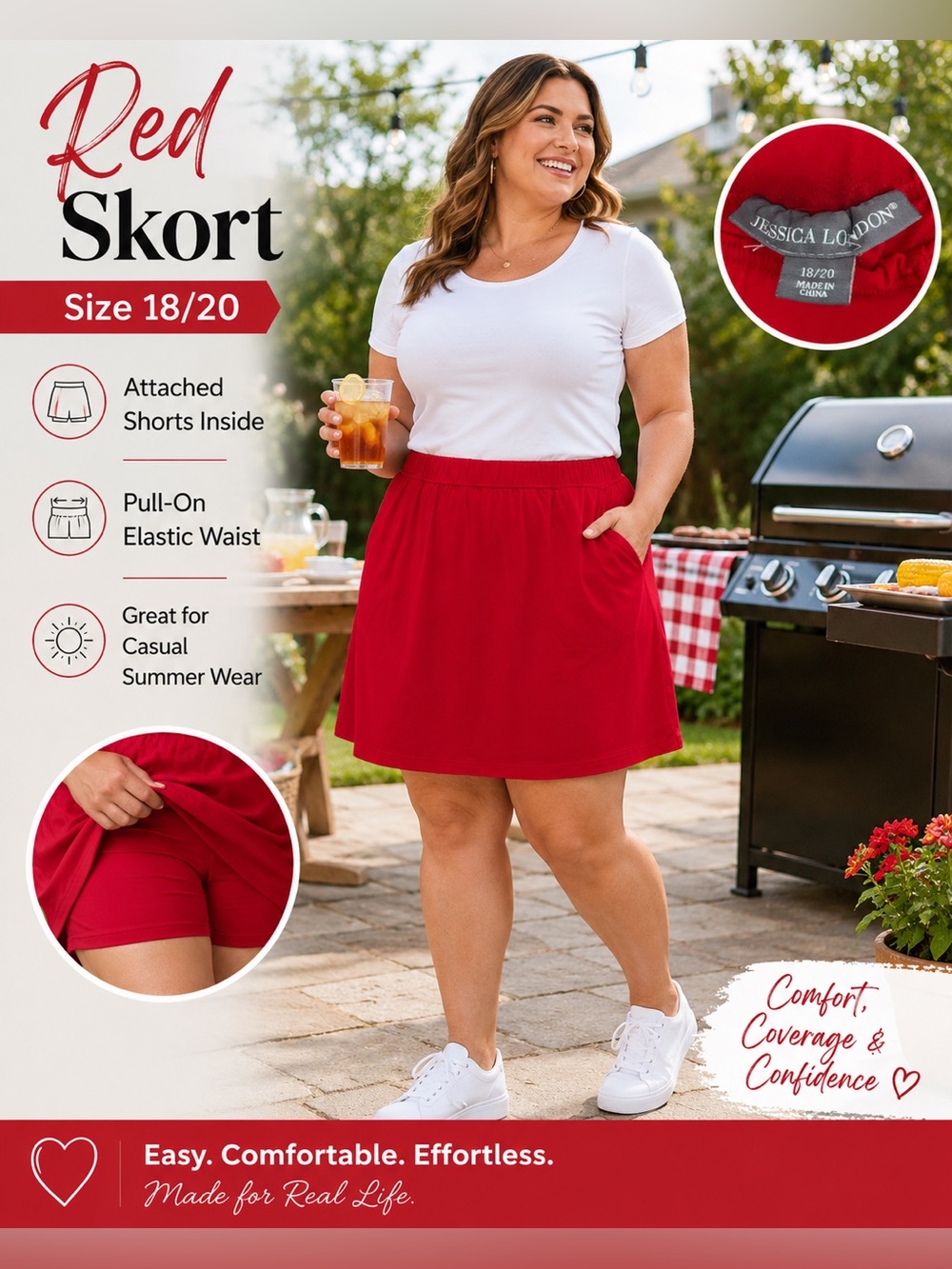 Jessica London Red Pull-On Skort with Pockets - Women's Casual Summer Skort
